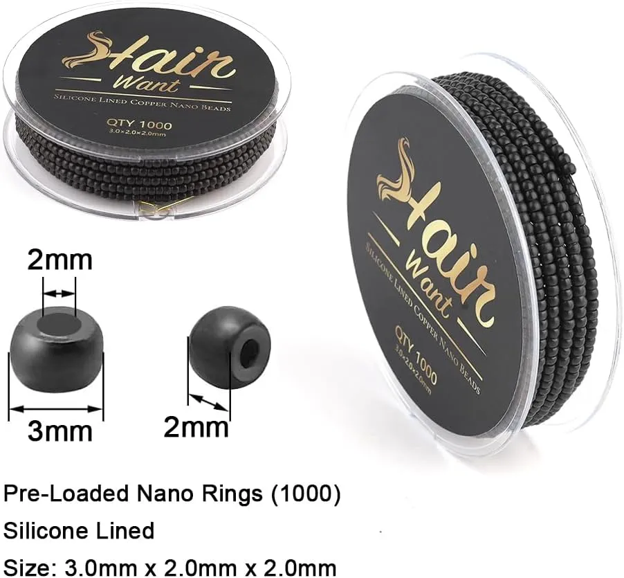 1000PCS/ Roll Pre-Loaded Nano Beads for Sewing Weft Extensions 3mm Copper Micro Beads for Feather Extensions I Tip Hair Extensions Install Silicone Lined Hair Extension Beads