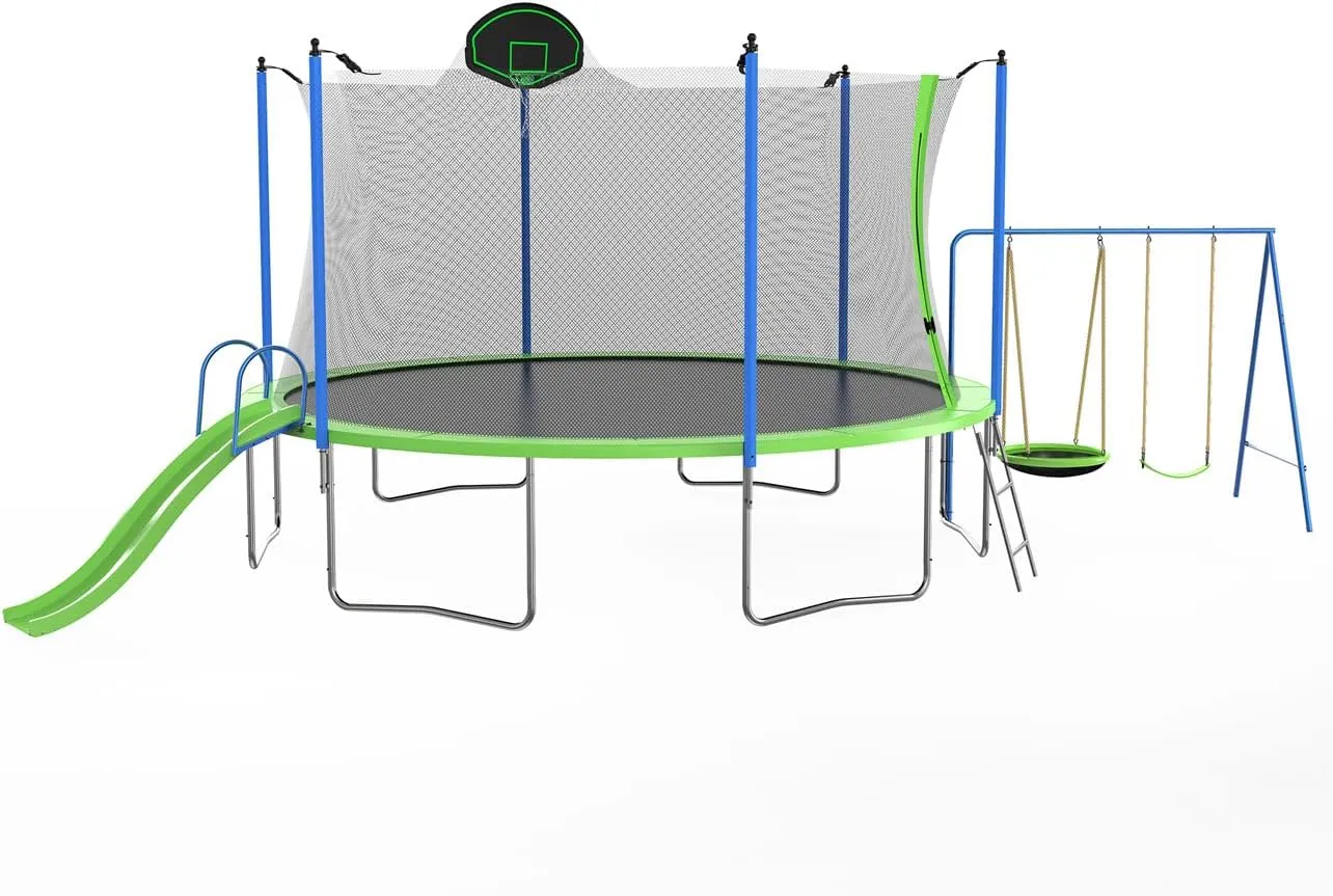 14FT Trampoline with Slide and Swings, Large Recreational with Basketball Hoop and Ladder, Outdoor Backyard Trampoline with Net, Capacity for Adolescent and Adults, 260LBS