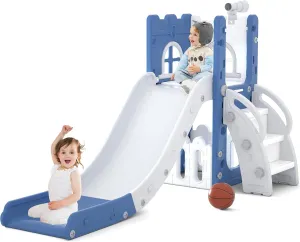 6 in 1 Toddler Slide,Climbing Toys for Toddlers,Baby Slide for Indoor Outdoor Playground with Basketball Hoop,Storage and Telescope,L Shaped Slide for Toddler Climber Playset,Blue