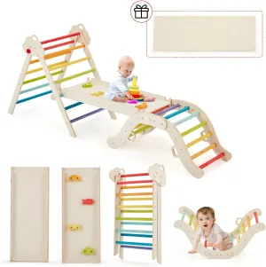 7-in-1 Pikler Triangle Set with Cushion, Wooden Pikler Triangle Climbing Set with Arch, Ramp & Ladder, Large Foldable Montessori Jungle Gym, Indoor Climbing Toys for Toddlers-Rainbow