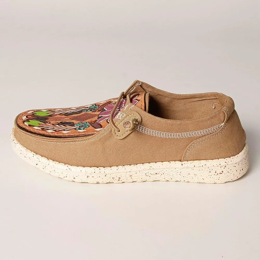 American Darling Hand tooled, carved genuine leather trim lightweight shoe footwear| Hand Tooled Shoe Footwear |Leather Shoe