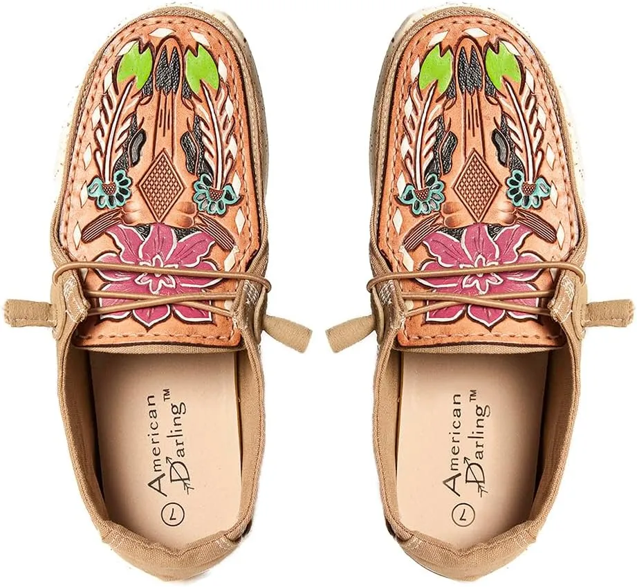 American Darling Hand tooled, carved genuine leather trim lightweight shoe footwear| Hand Tooled Shoe Footwear |Leather Shoe