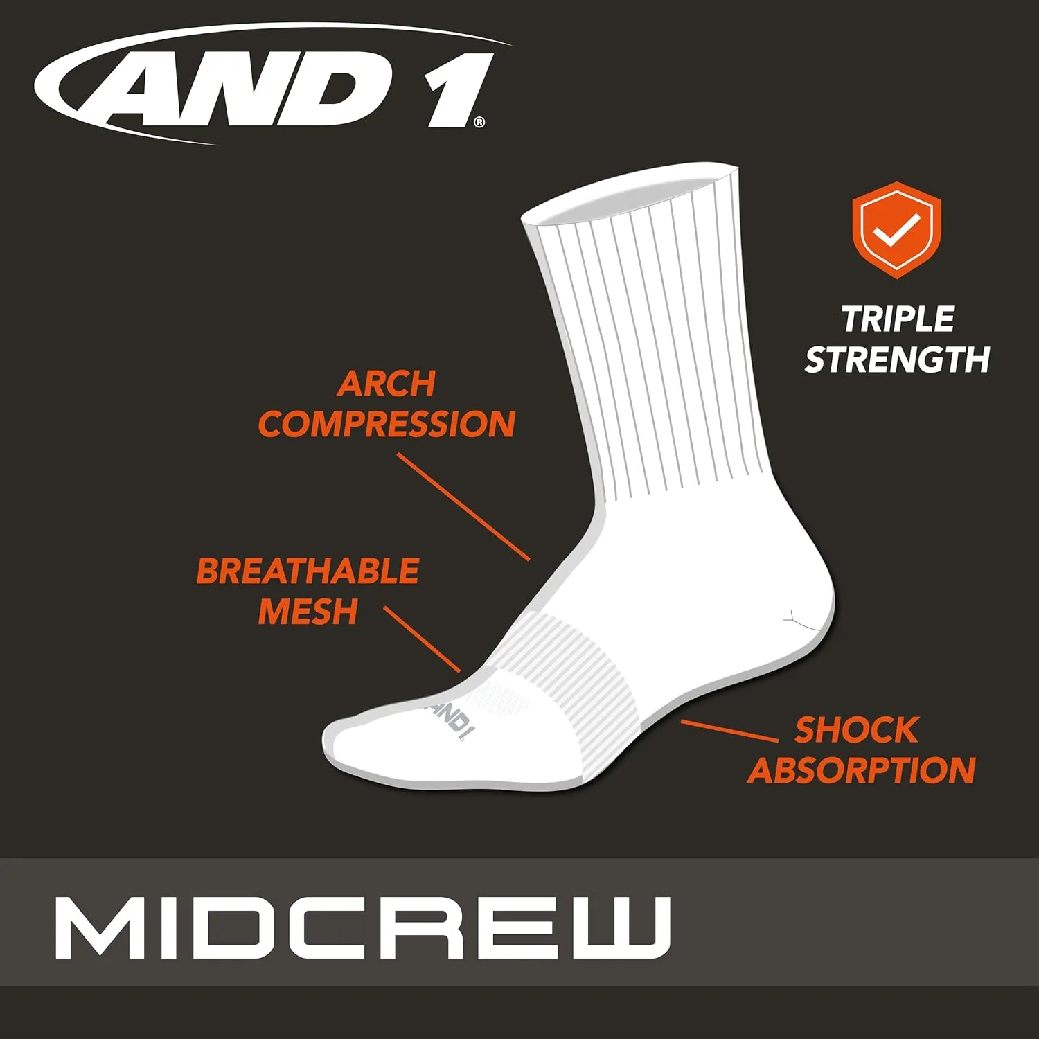 AND1 Men's Mid Crew Socks - 12 Pack Moisture Control Performance Cushioned Short Athletic Socks for Men (Shoe Size: 6-12.5)