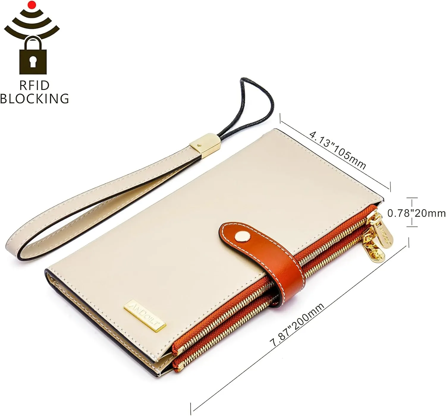 ANDOILT Women's Genuine Leather Wallet RFID Blocking Credit Card Holder Zipper Purse Cell Phone Handbag