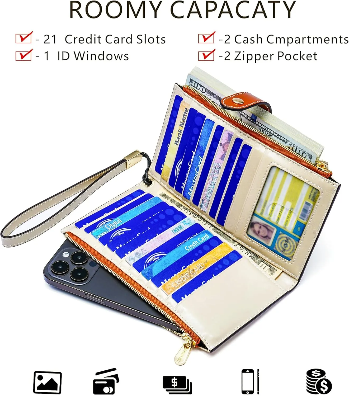 ANDOILT Women's Genuine Leather Wallet RFID Blocking Credit Card Holder Zipper Purse Cell Phone Handbag