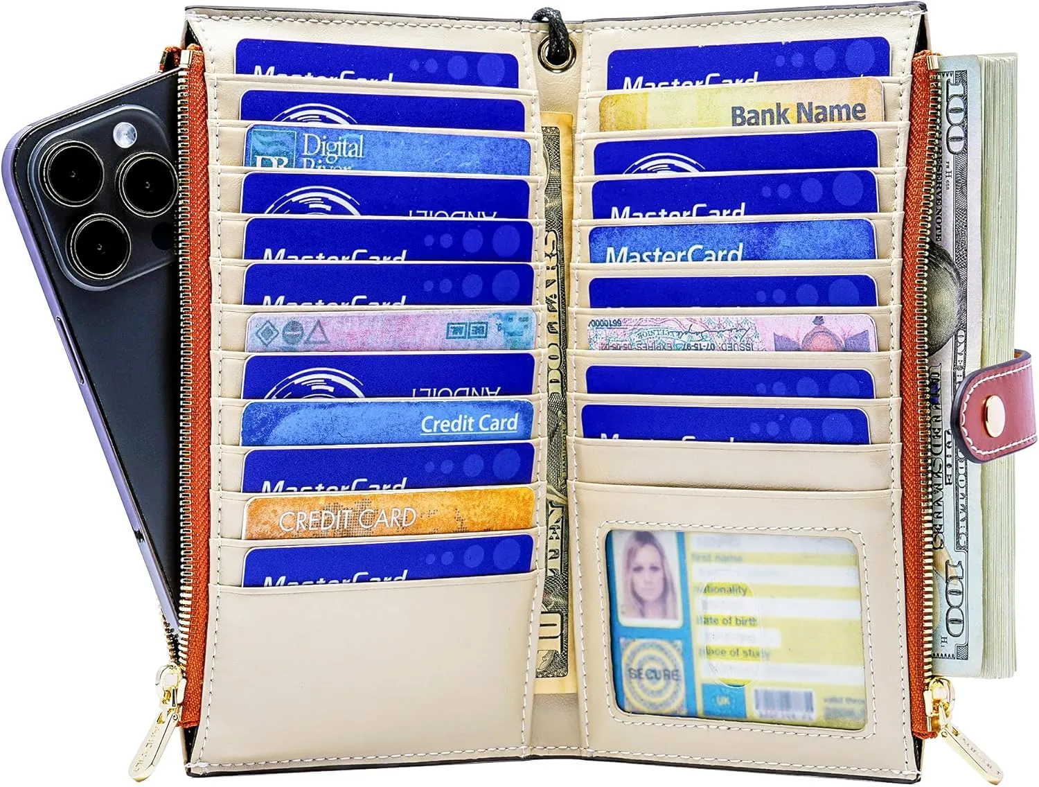 ANDOILT Women's Genuine Leather Wallet RFID Blocking Credit Card Holder Zipper Purse Cell Phone Handbag