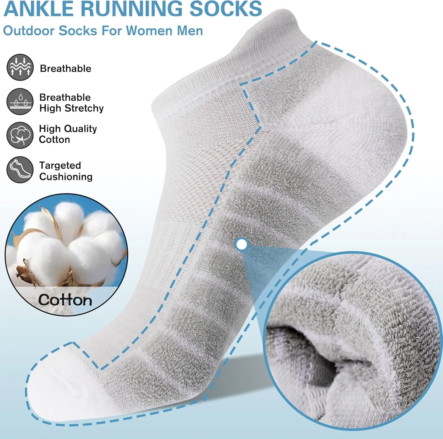 Ankle No Show Running Hiking Athletic Socks Sports Compression Cotton Cushioned Socks 6 Pairs for Women Men