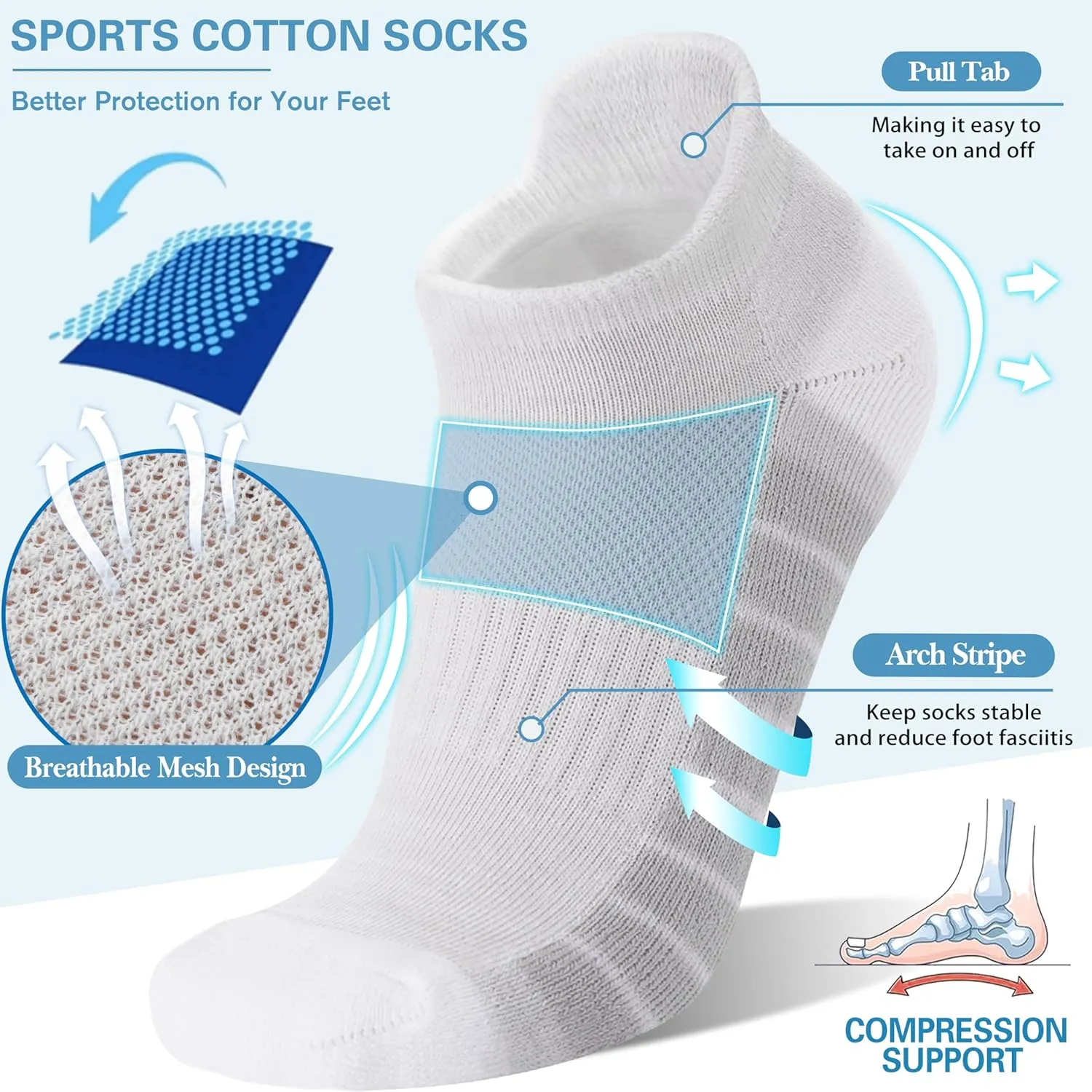 Ankle No Show Running Hiking Athletic Socks Sports Compression Cotton Cushioned Socks 6 Pairs for Women Men