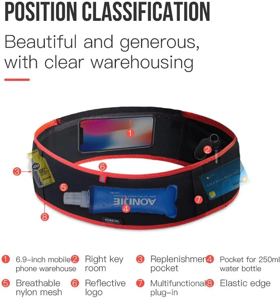 AONIJIE Running Belt Fanny Pack with 250ml Soft Water Bottle Flask for Women Men, Moisture Wicking Waist Pack Great for Marathon Climbing Jogging Cycling, for 6.8in Mobile Phone (Black Red: L/XL)