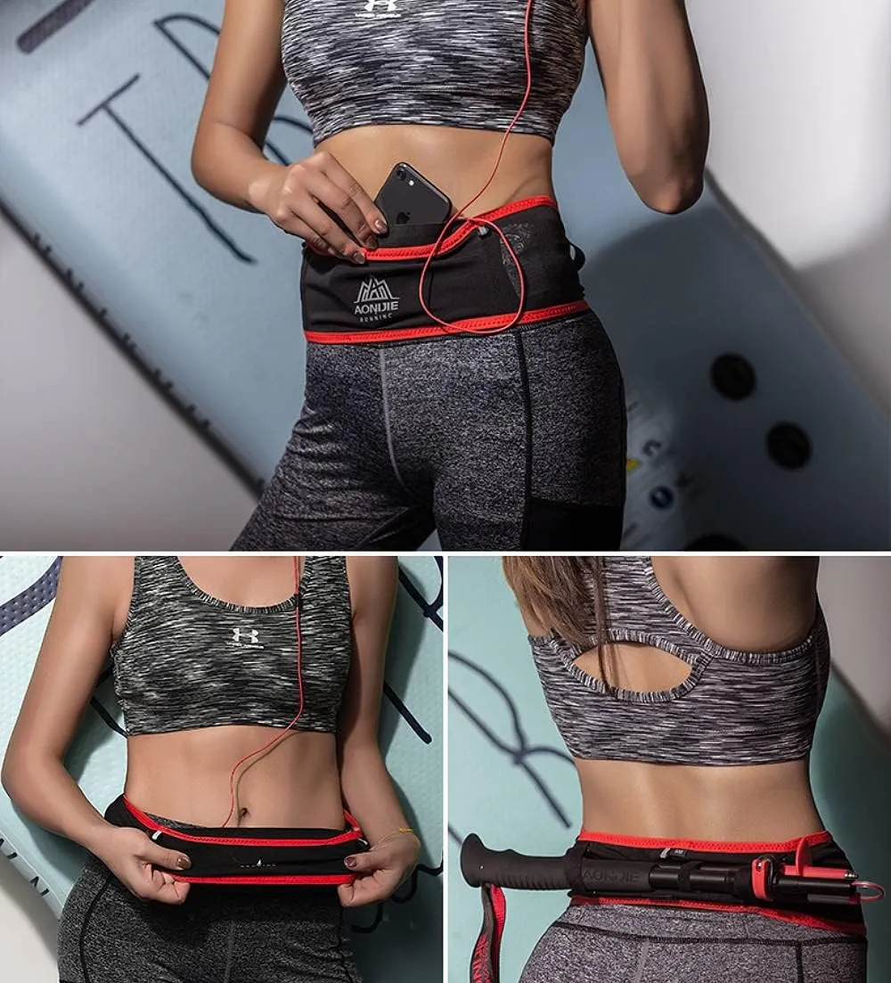 AONIJIE Running Belt Fanny Pack with 250ml Soft Water Bottle Flask for Women Men, Moisture Wicking Waist Pack Great for Marathon Climbing Jogging Cycling, for 6.8in Mobile Phone (Black Red: L/XL)