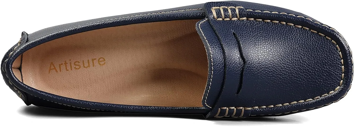 Artisure Women's Classic Comfort Leather Penny Loafers Casual Slip-Ons Lightweight Walking Flats Driving Mocs Boat Shoes