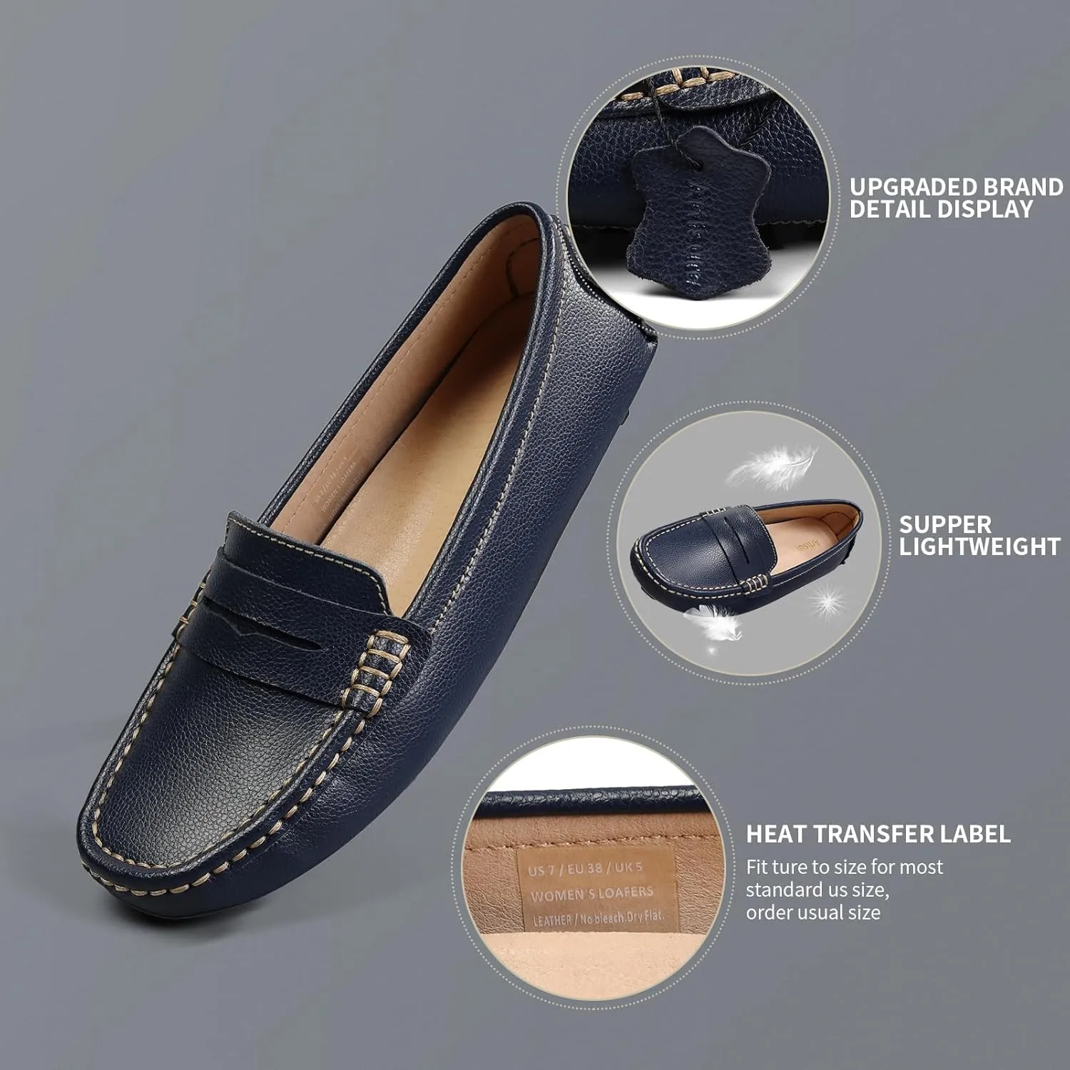 Artisure Women's Classic Comfort Leather Penny Loafers Casual Slip-Ons Lightweight Walking Flats Driving Mocs Boat Shoes