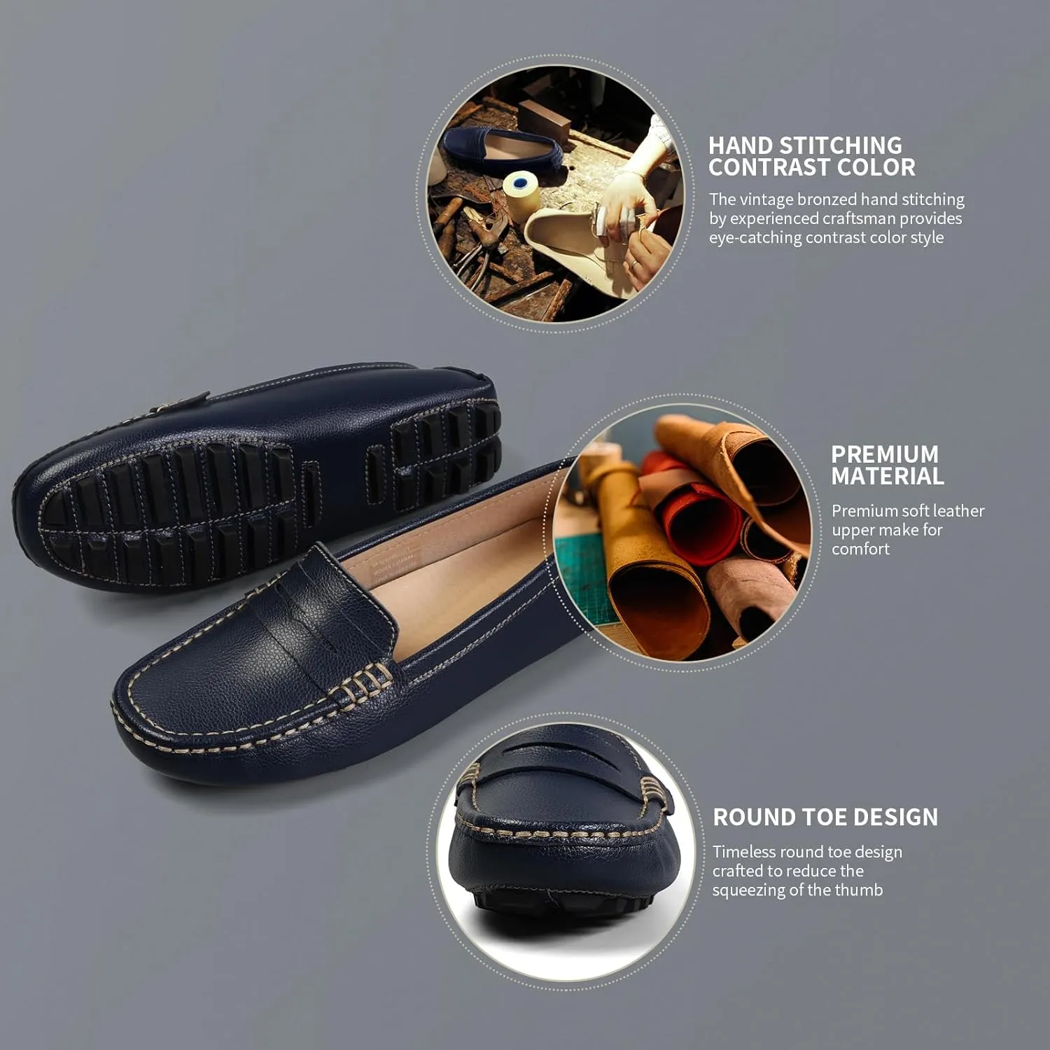 Artisure Women's Classic Comfort Leather Penny Loafers Casual Slip-Ons Lightweight Walking Flats Driving Mocs Boat Shoes