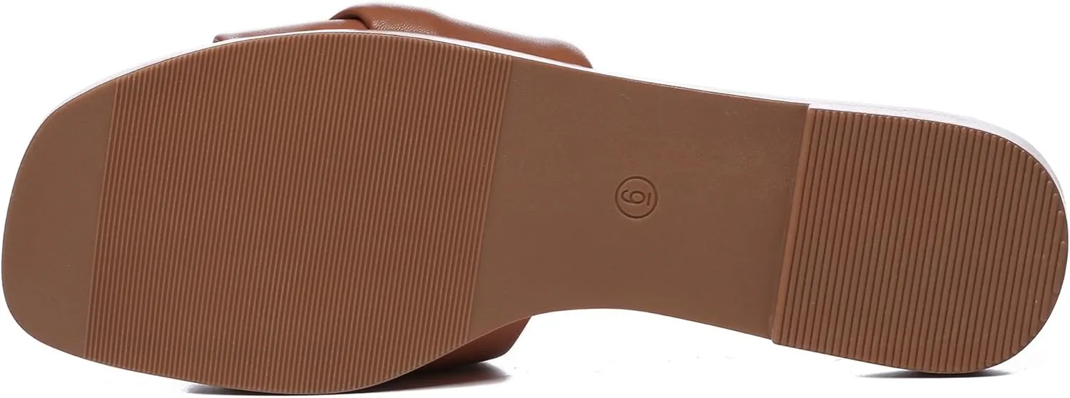 Athlefit Women's Summer Flat Sandals Slip On Square Toe Soft Leather Slide Sandals