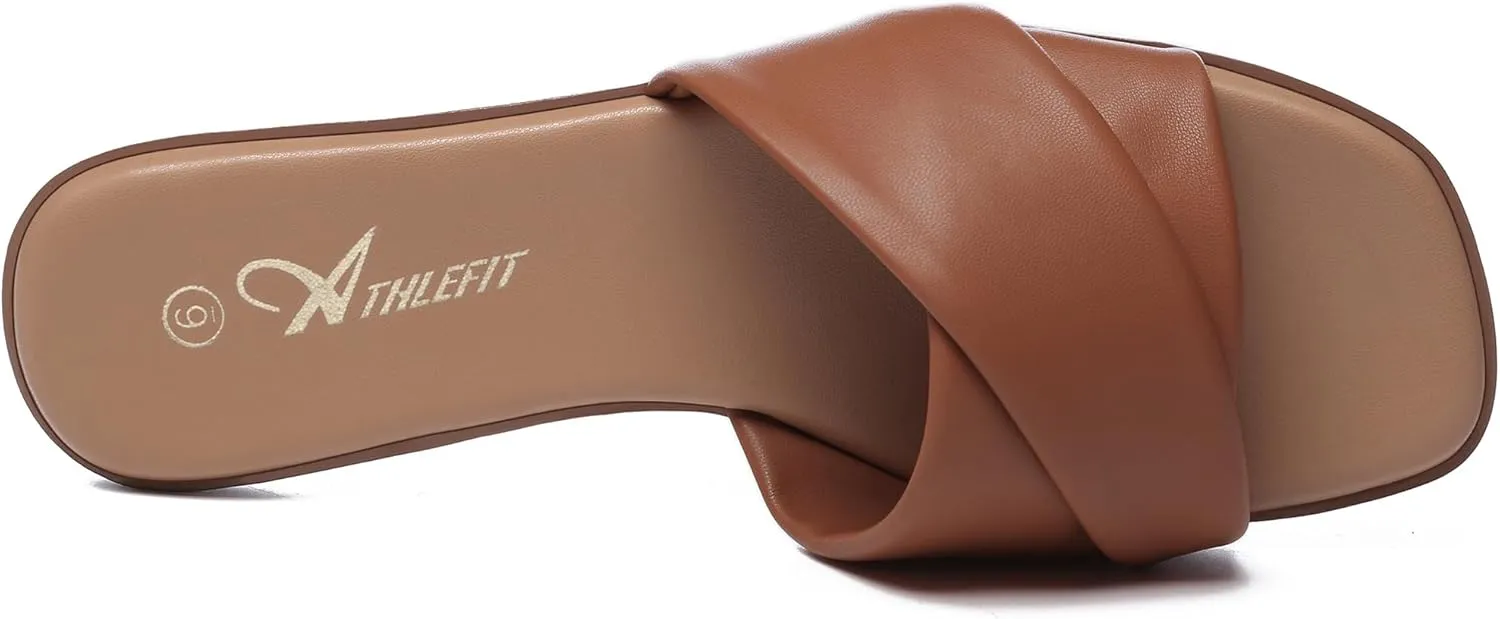 Athlefit Women's Summer Flat Sandals Slip On Square Toe Soft Leather Slide Sandals
