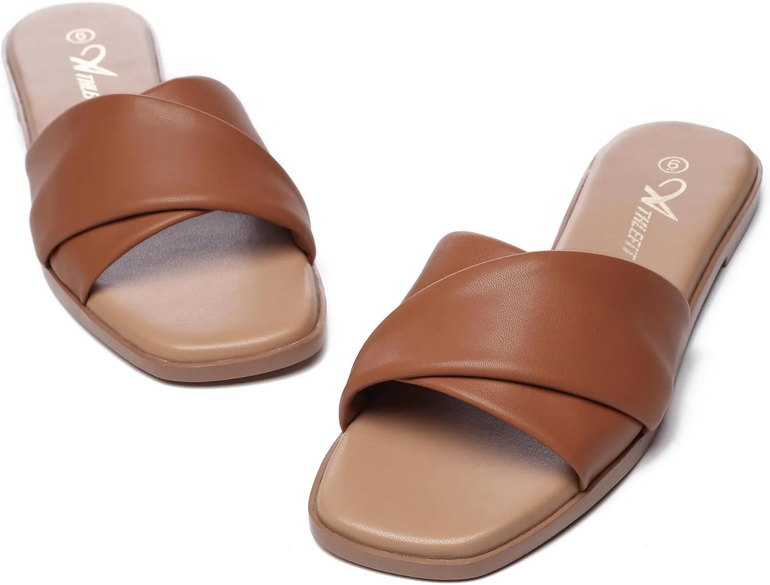 Athlefit Women's Summer Flat Sandals Slip On Square Toe Soft Leather Slide Sandals