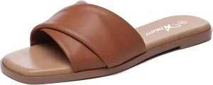 Athlefit Women's Summer Flat Sandals Slip On Square Toe Soft Leather Slide Sandals