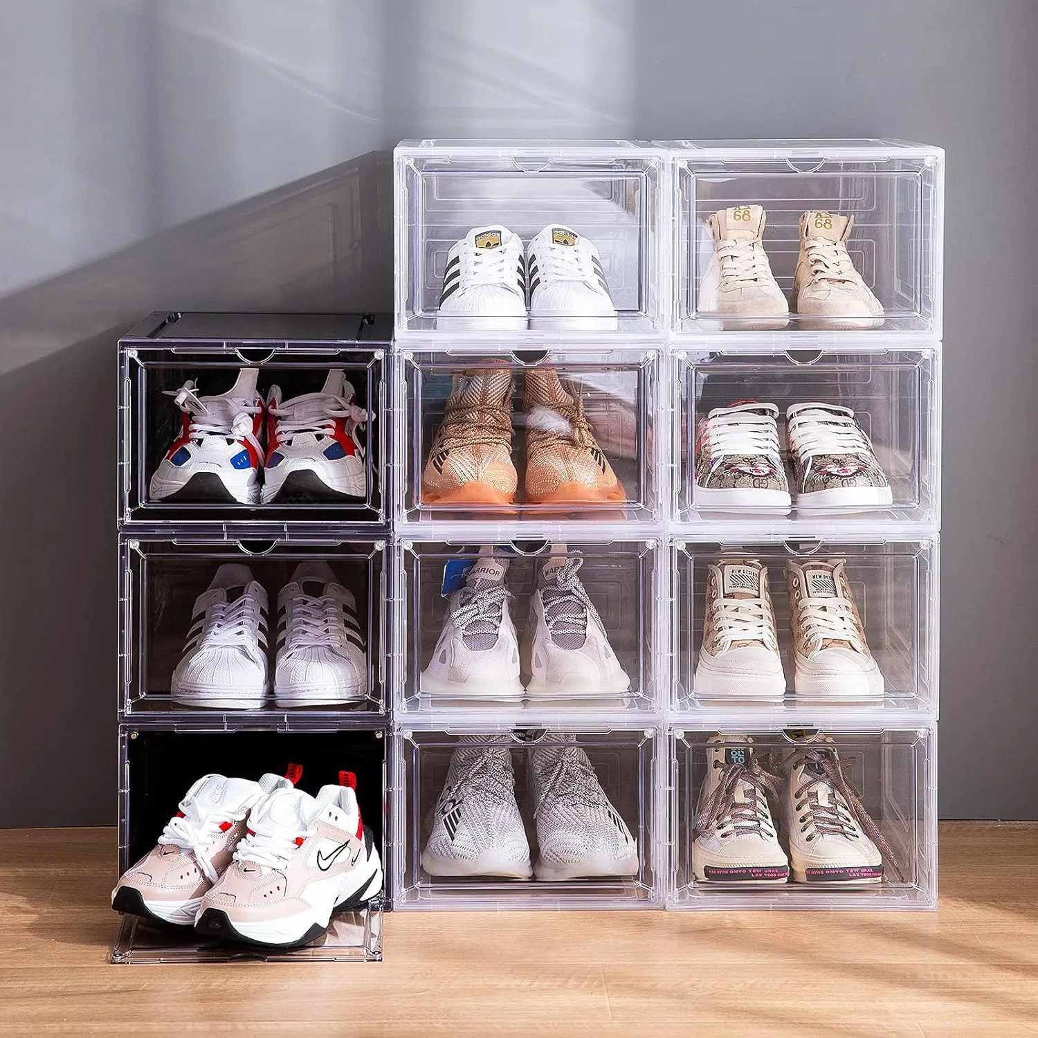 Attelite Clear Shoe Box,Set of 8,Stackable Plastic Shoe Storage Box with Clear Door Drop Front For Display Sneakers,Easy Assembly,Fit up to US Size 14,Black
