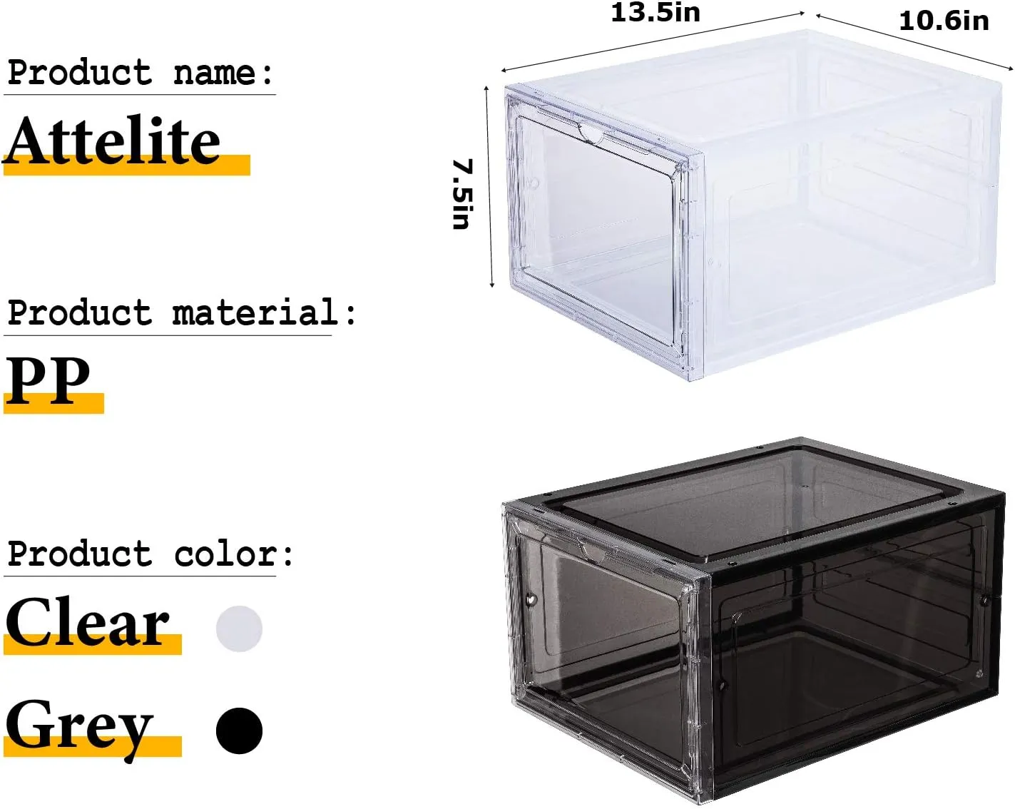 Attelite Clear Shoe Box,Set of 8,Stackable Plastic Shoe Storage Box with Clear Door Drop Front For Display Sneakers,Easy Assembly,Fit up to US Size 14,Black
