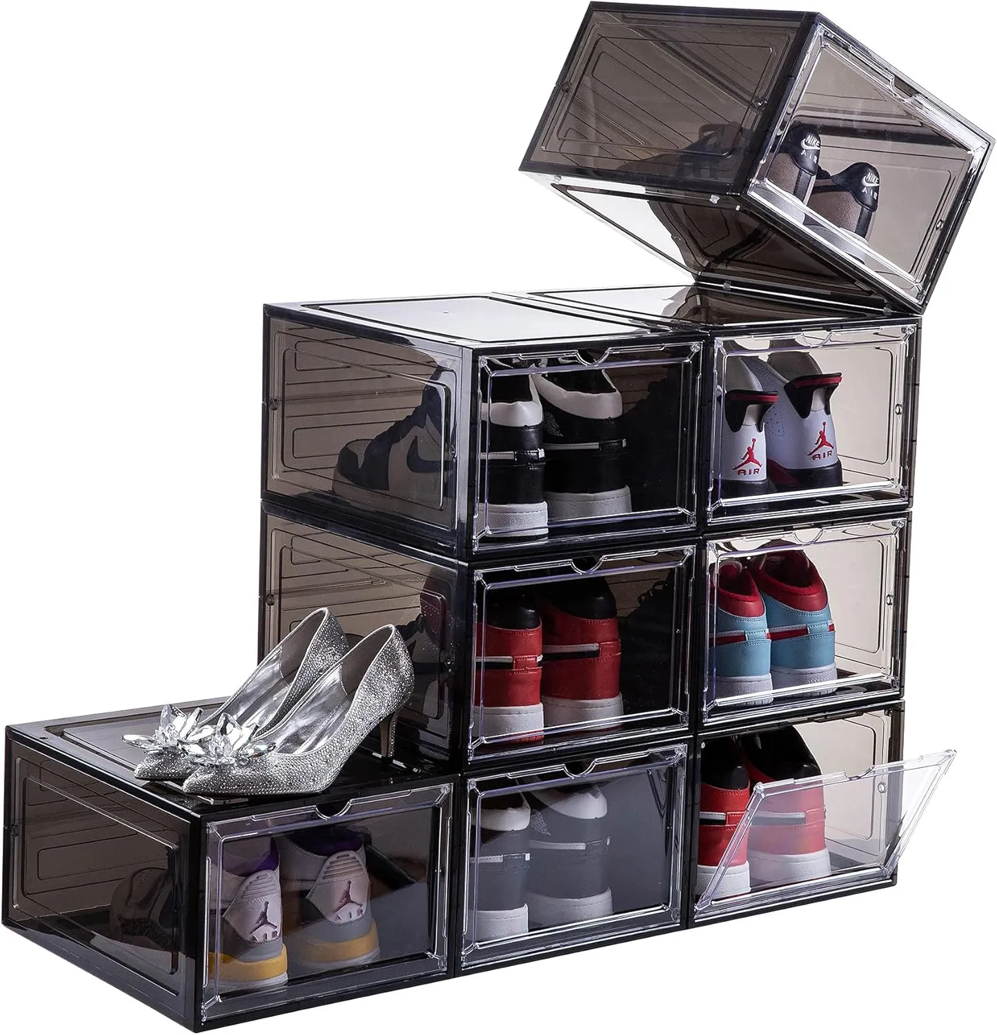 Attelite Clear Shoe Box,Set of 8,Stackable Plastic Shoe Storage Box with Clear Door Drop Front For Display Sneakers,Easy Assembly,Fit up to US Size 14,Black