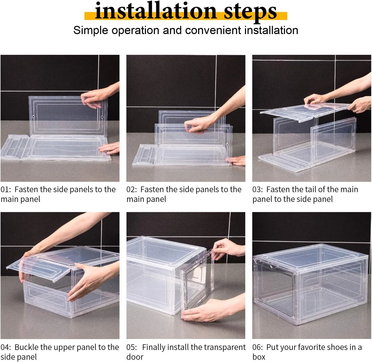 Attelite Clear Shoe Box,Set of 8,Stackable Plastic Shoe Storage Box with Clear Door Drop Front For Display Sneakers,Easy Assembly,Fit up to US Size 14,Black