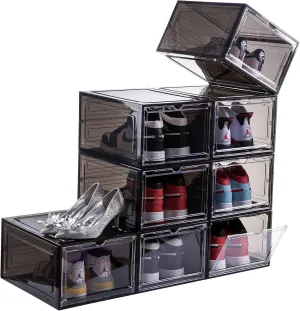 Attelite Clear Shoe Box,Set of 8,Stackable Plastic Shoe Storage Box with Clear Door Drop Front For Display Sneakers,Easy Assembly,Fit up to US Size 14,Black