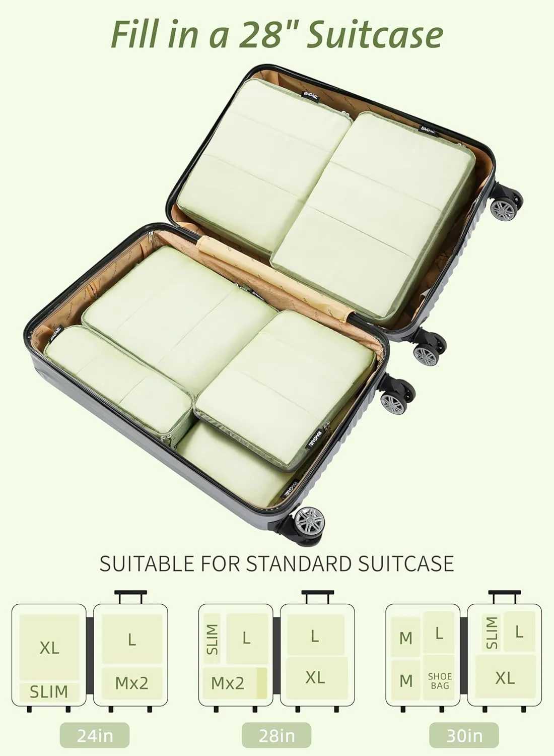 Bagail Ultralight Compression Cubes 7 Set - 3 Packing Cubes, 3 Organizers, and 1 Shoe Bag