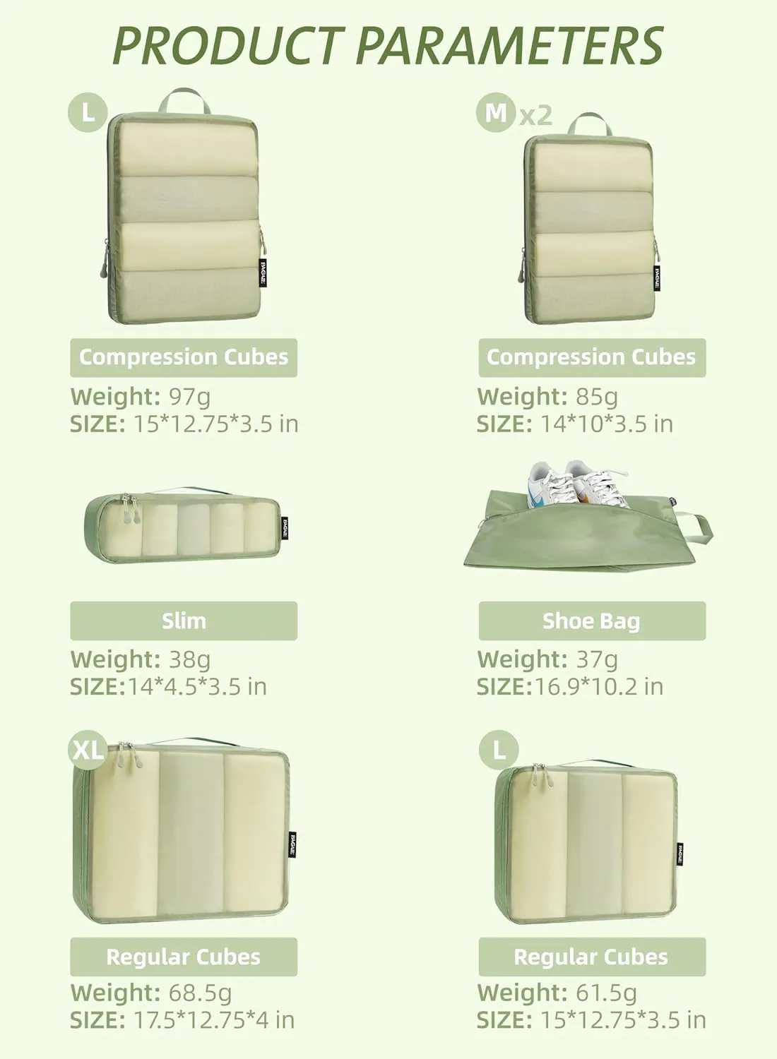Bagail Ultralight Compression Cubes 7 Set - 3 Packing Cubes, 3 Organizers, and 1 Shoe Bag