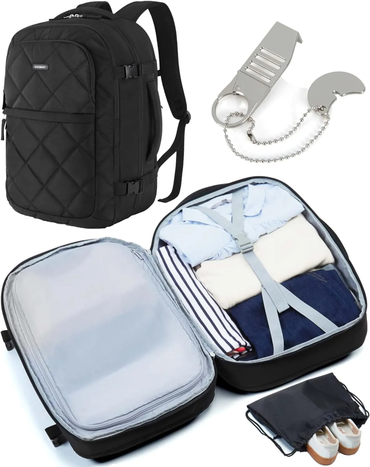 BAGSMART Travel Backpack, 30L Flight Approved Carry on Backpack with Door Lock, TSA Personal Item Backpack with 15.6 Inch Laptop Compartment & Shoe Bag,Suitcase for Travel, Classic Black