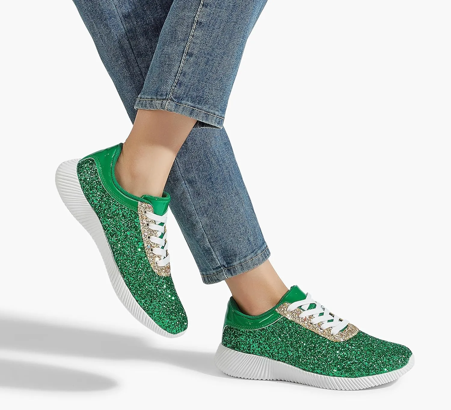 BELOS Women's Glitter Shoes Sparkly Lightweight Metallic Sequins Tennis Shoes Casual Retro Braided Walking Shoes