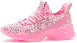 BELOS Women's Rhinestone Mesh Slip On Walking Shoes Fashion Breathable Spakle Glitter Sneaker