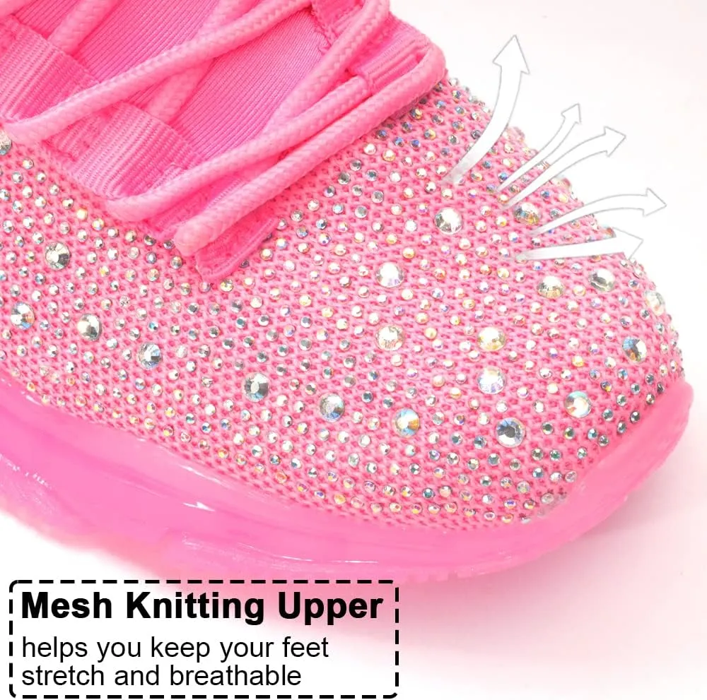 BELOS Women's Rhinestone Mesh Slip On Walking Shoes Fashion Breathable Spakle Glitter Sneaker