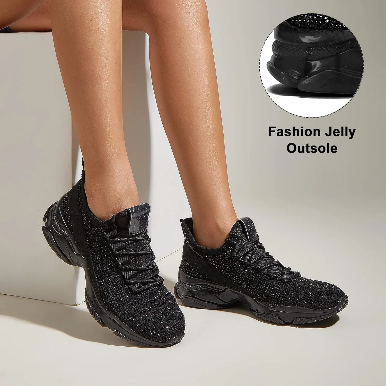 BELOS Women's Rhinestone Mesh Slip On Walking Shoes Fashion Breathable Spakle Glitter Sneaker