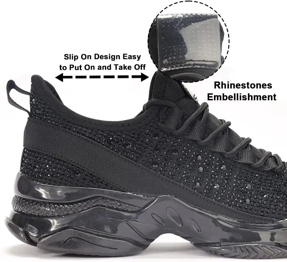BELOS Women's Rhinestone Mesh Slip On Walking Shoes Fashion Breathable Spakle Glitter Sneaker