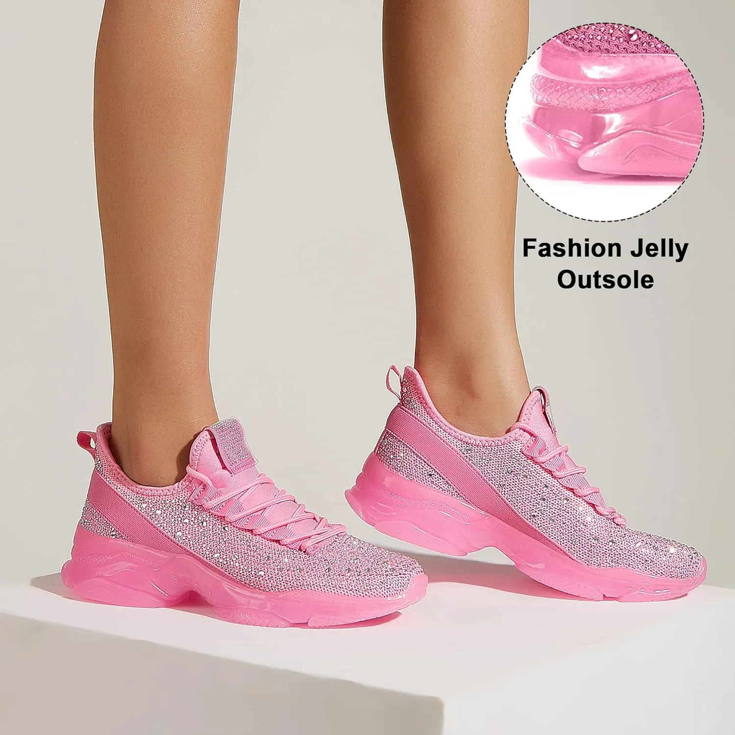 BELOS Women's Rhinestone Mesh Slip On Walking Shoes Fashion Breathable Spakle Glitter Sneaker