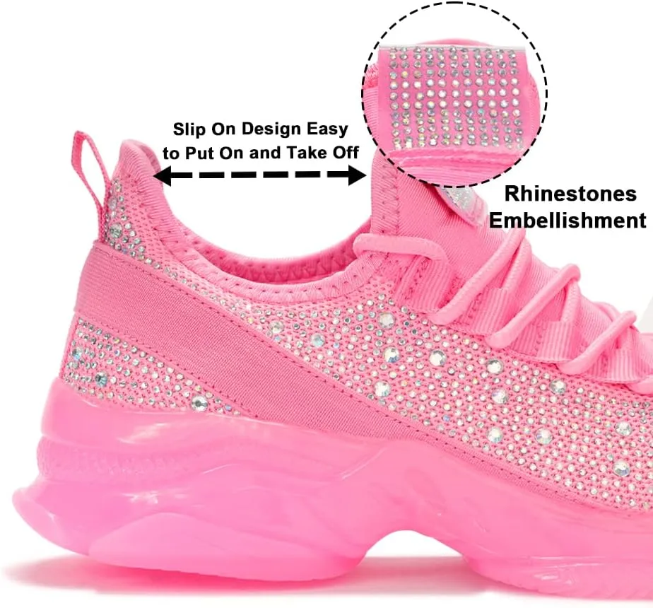 BELOS Women's Rhinestone Mesh Slip On Walking Shoes Fashion Breathable Spakle Glitter Sneaker
