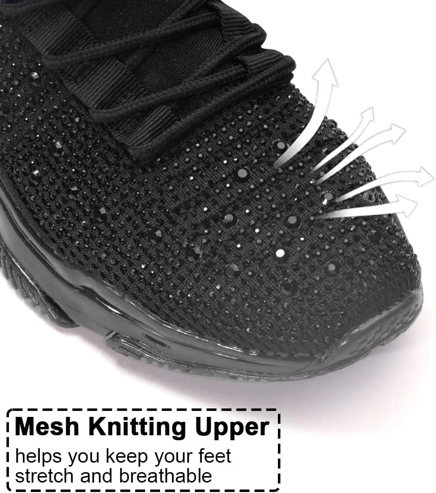 BELOS Women's Rhinestone Mesh Slip On Walking Shoes Fashion Breathable Spakle Glitter Sneaker