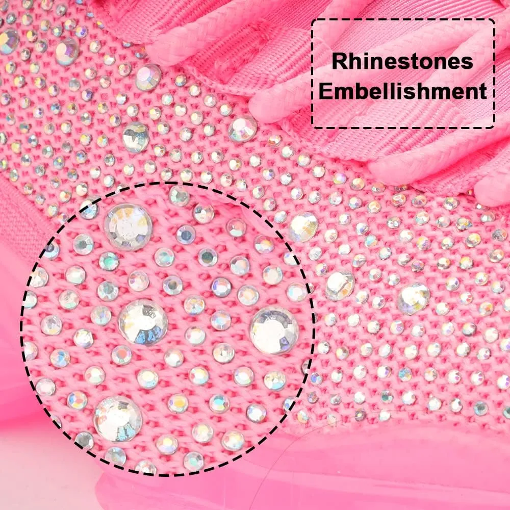 BELOS Women's Rhinestone Mesh Slip On Walking Shoes Fashion Breathable Spakle Glitter Sneaker