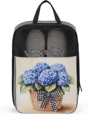 Blue Hydrangeas in A Wicker Basket Shoe Bag for Travel Daily Use Anti-dust Storage Carrier Golf Shoe Pouch
