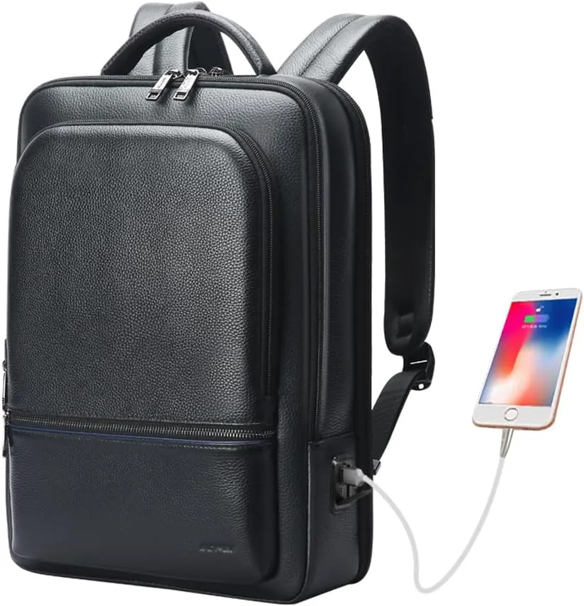 BOPai Genuine Leather Backpack for Men Multi-Function 15.6 inch Laptop Premium Executive Business Travel Friendly Smart Rucksack with USB Charging Anti Theft Large Capacity Office Classic Black