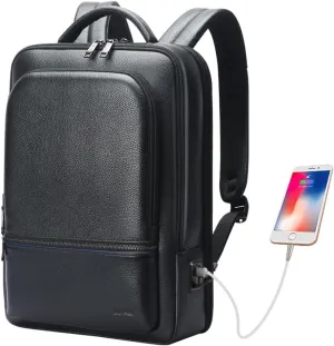 BOPai Genuine Leather Backpack for Men Multi-Function 15.6 inch Laptop Premium Executive Business Travel Friendly Smart Rucksack with USB Charging Anti Theft Large Capacity Office Classic Black