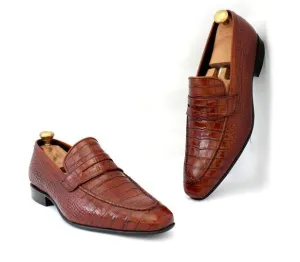 Brown Crocodile Embossed Leather Dress Shoes