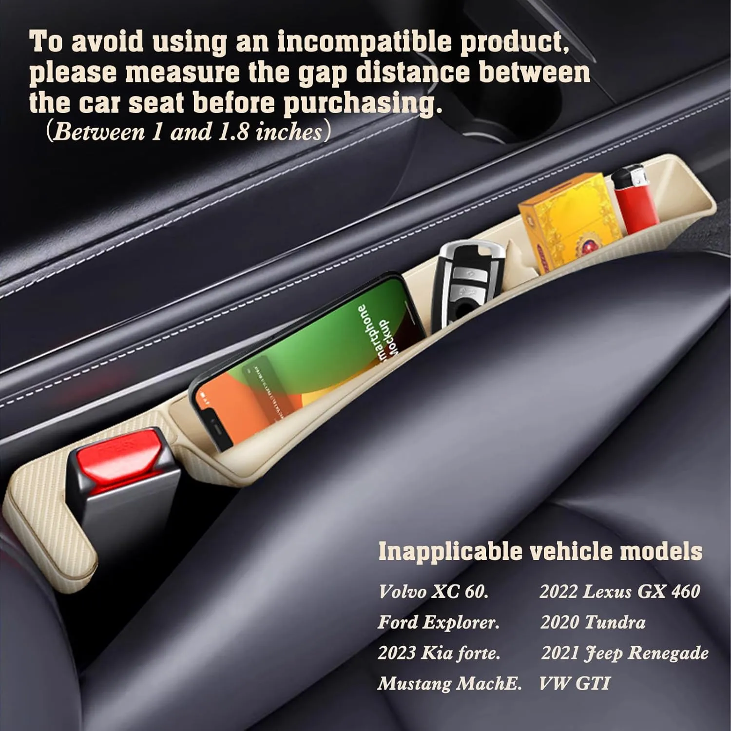 Car Seat Gap Filler Organizer 2 Pack with Storage Pouch, Seat Gap Filler Organizer for Automotive, Car Organizer Suitable for SUV and Sedan, Storage for Coins & Glasses & Keys.(Beige)