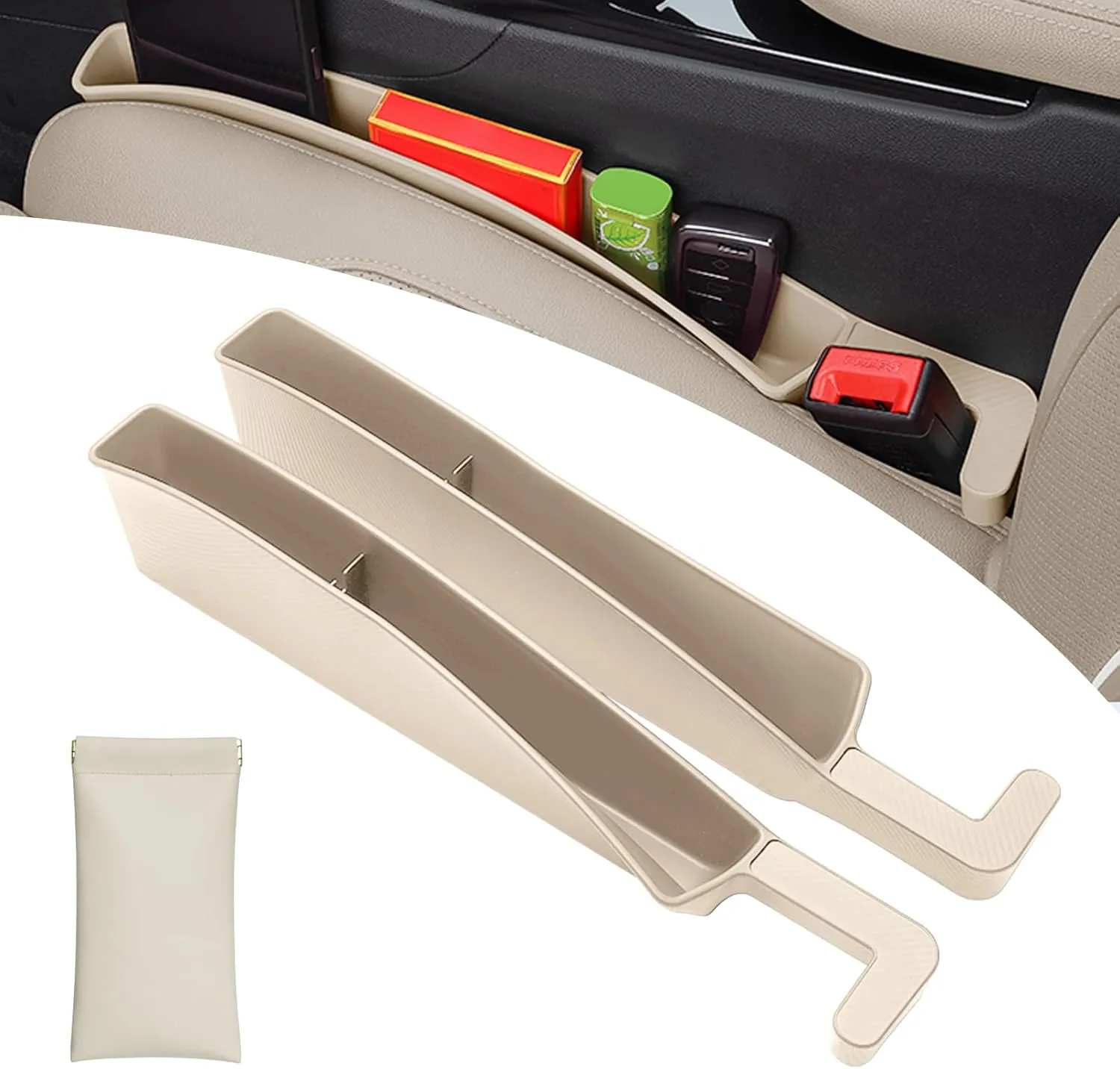 Car Seat Gap Filler Organizer 2 Pack with Storage Pouch, Seat Gap Filler Organizer for Automotive, Car Organizer Suitable for SUV and Sedan, Storage for Coins & Glasses & Keys.(Beige)
