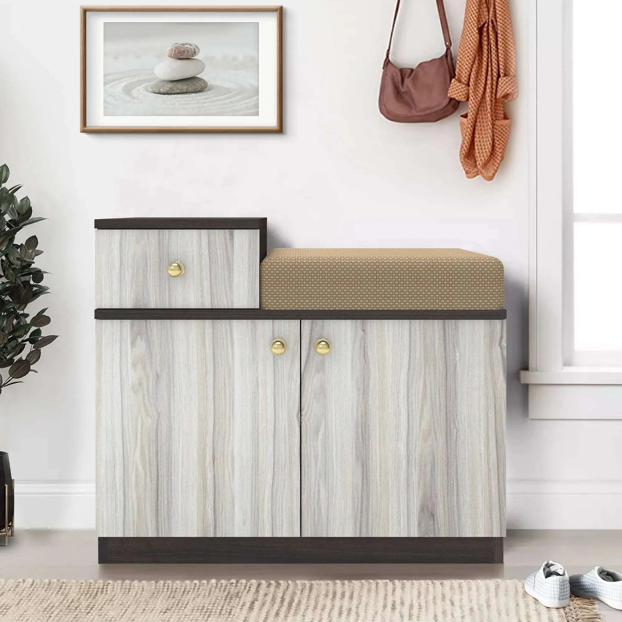 Cedar 2 Door Cushion Seat Shoe Rack / Multipurpose Cabinet with Drawer
