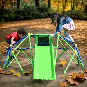 Climbing Dome Monkey Bars for 3-12 6ft Geometric Jungle Gym, Climbing Tower for Backyard Indoor Outdoor Play Centre W/Wave Slide Steel Frame Weight Capability 800 Lbs