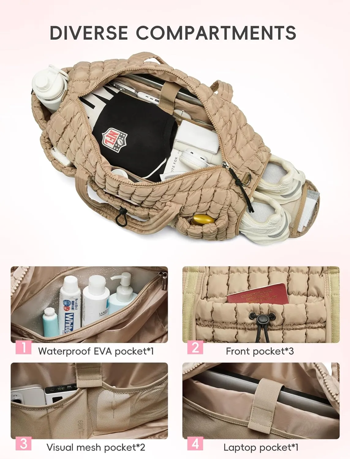 CLUCI Quilted Duffel Bag for Women, Large Puffer Duffle Weekender Bag with Shoe Compartment, Overnight Carry On Bag Workout for Airplane, Sports