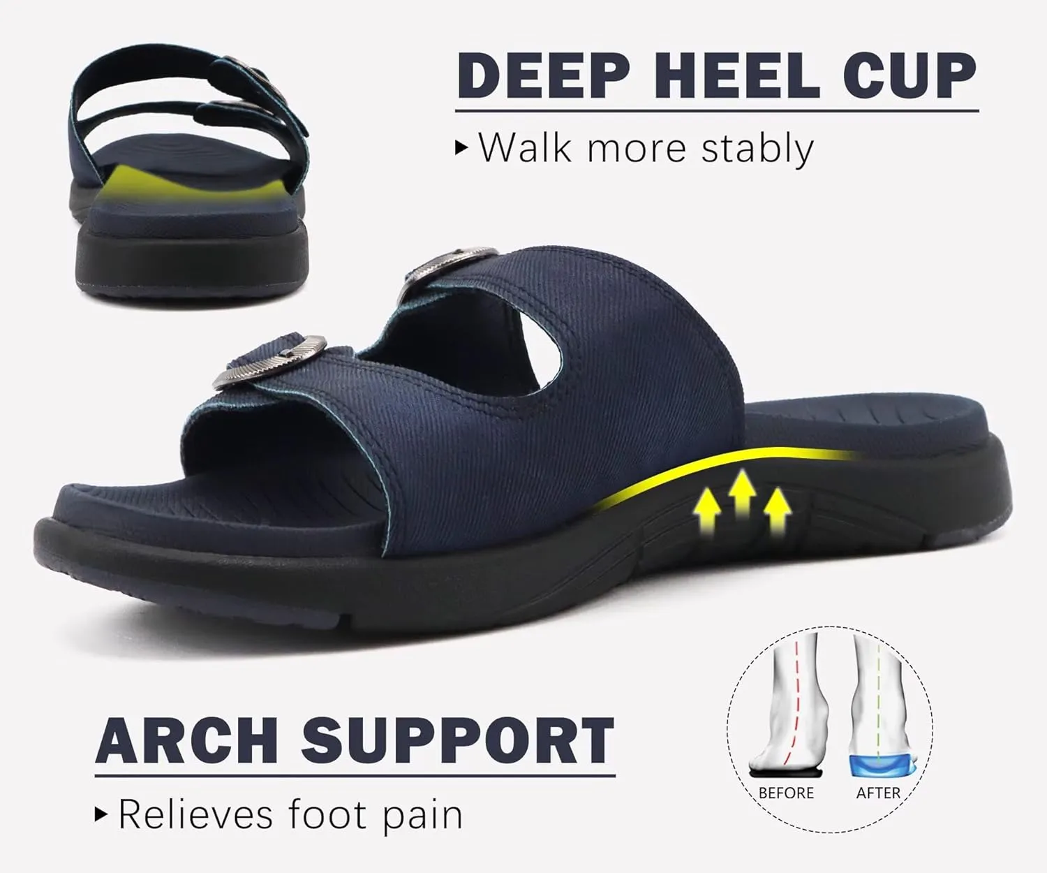 COFACE Womens Orthotic Slides Comfort Plantar Fasciitis Arch Support Slip on Flat Sandals Ladies Soft Cushion Fashion Yoga Mat Slippers With Adjustable Straps