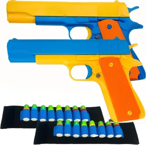 Colt 1911 Toy Gun with Ejecting Magazine and Bullets - Style of M1911 with Slide Action Blue Yellow Barrel for Training or Play - Unique Gift Intended for Fun, Not Distance or Accuracy, 2 Pack