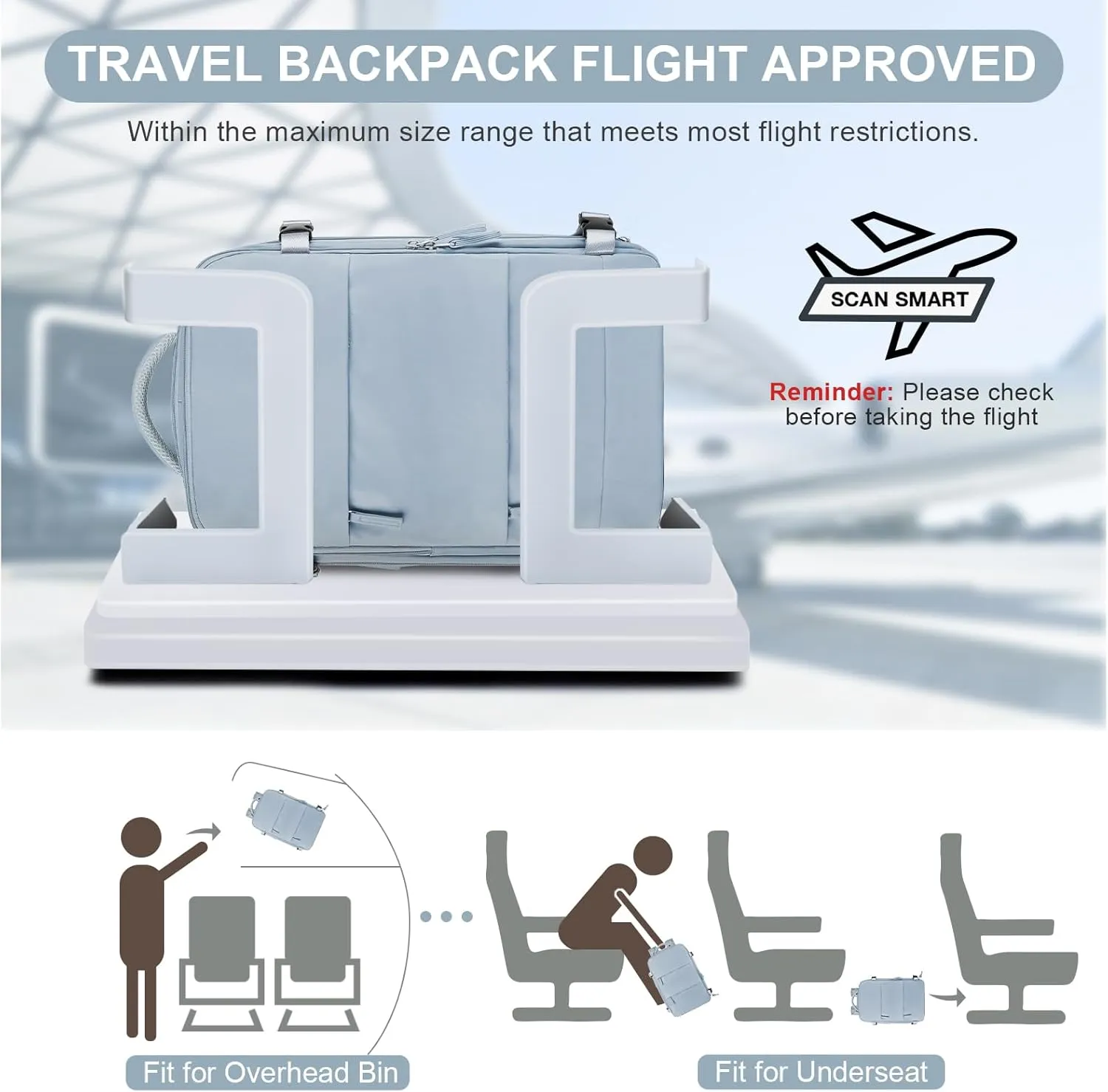 coofay Travel Backpack Carry on Flight Approved Mochila De Viaje Carry on Backpack for Airplanes Spirit Airlines Personal Item Bag 18x14x8 Inches Travel Bag Traveling Backpack for Women Men Grey Blue